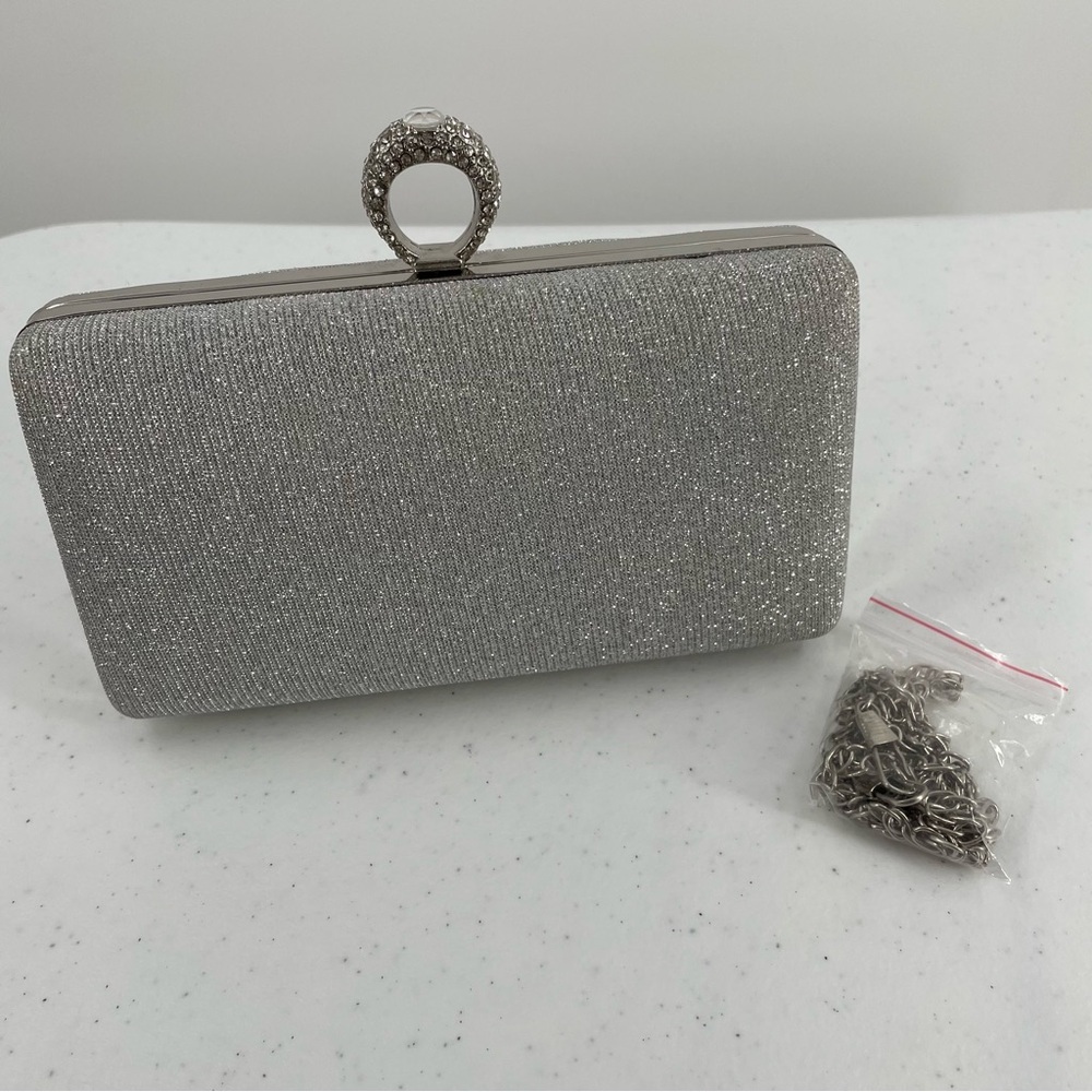Silver Sparkle Rhinestone Closure Chain Option Dressy Bag Purse Party Wedding